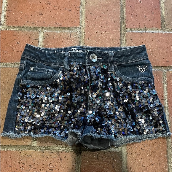Justice Dark Blue Sequin Jean Shorts & Metallic Sports Bra - Picture 2 of 4